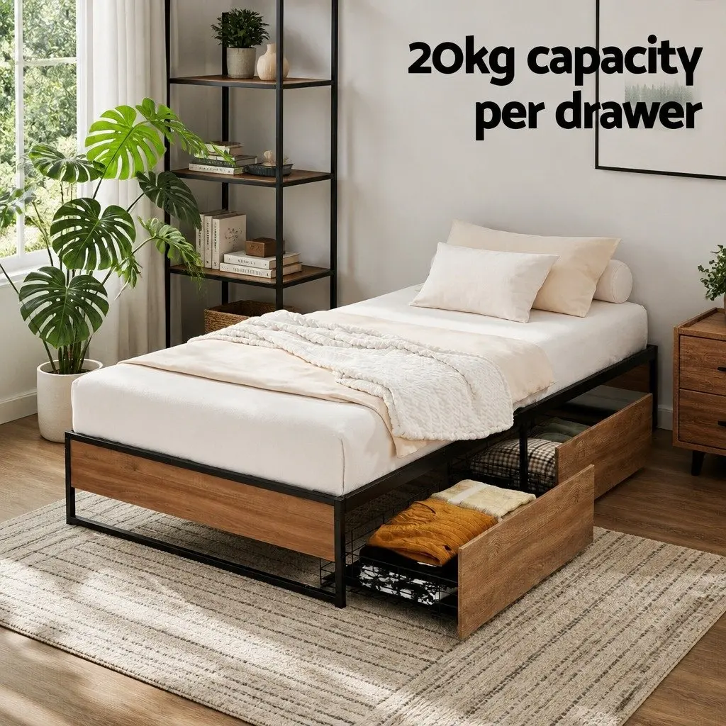 Single Bed Frame with 2 Storage Drawers