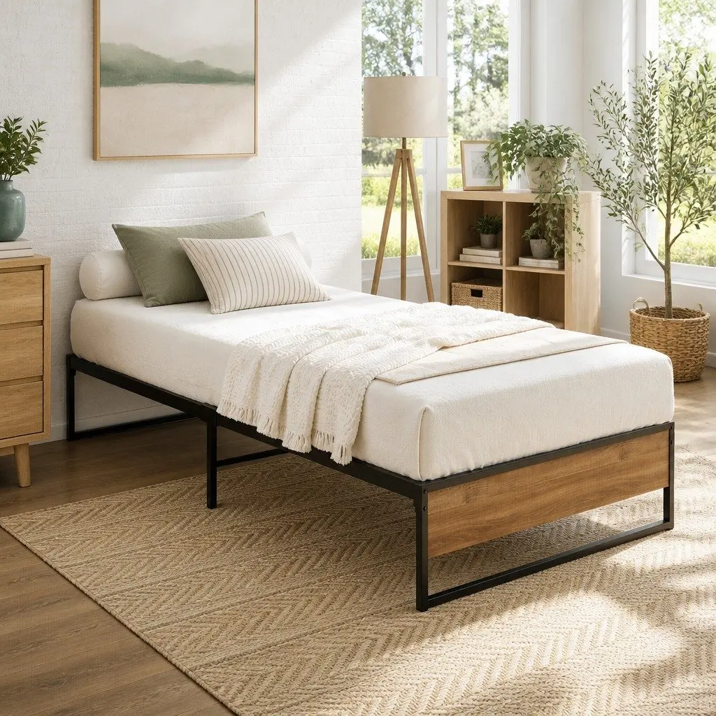 Single Metal Bed Frame Steel MDF Black 190cm x 90cm