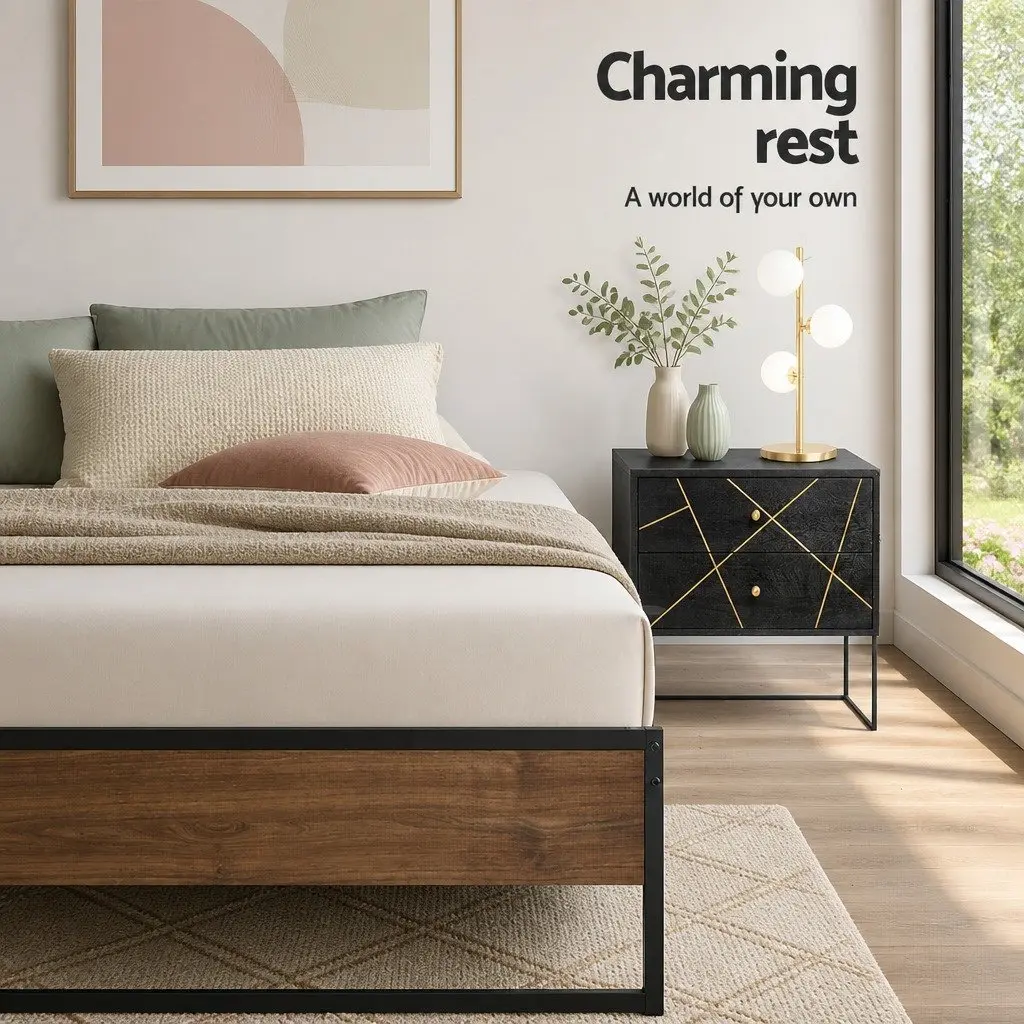 Single Metal Bed Frame Steel MDF Black 190cm x 90cm