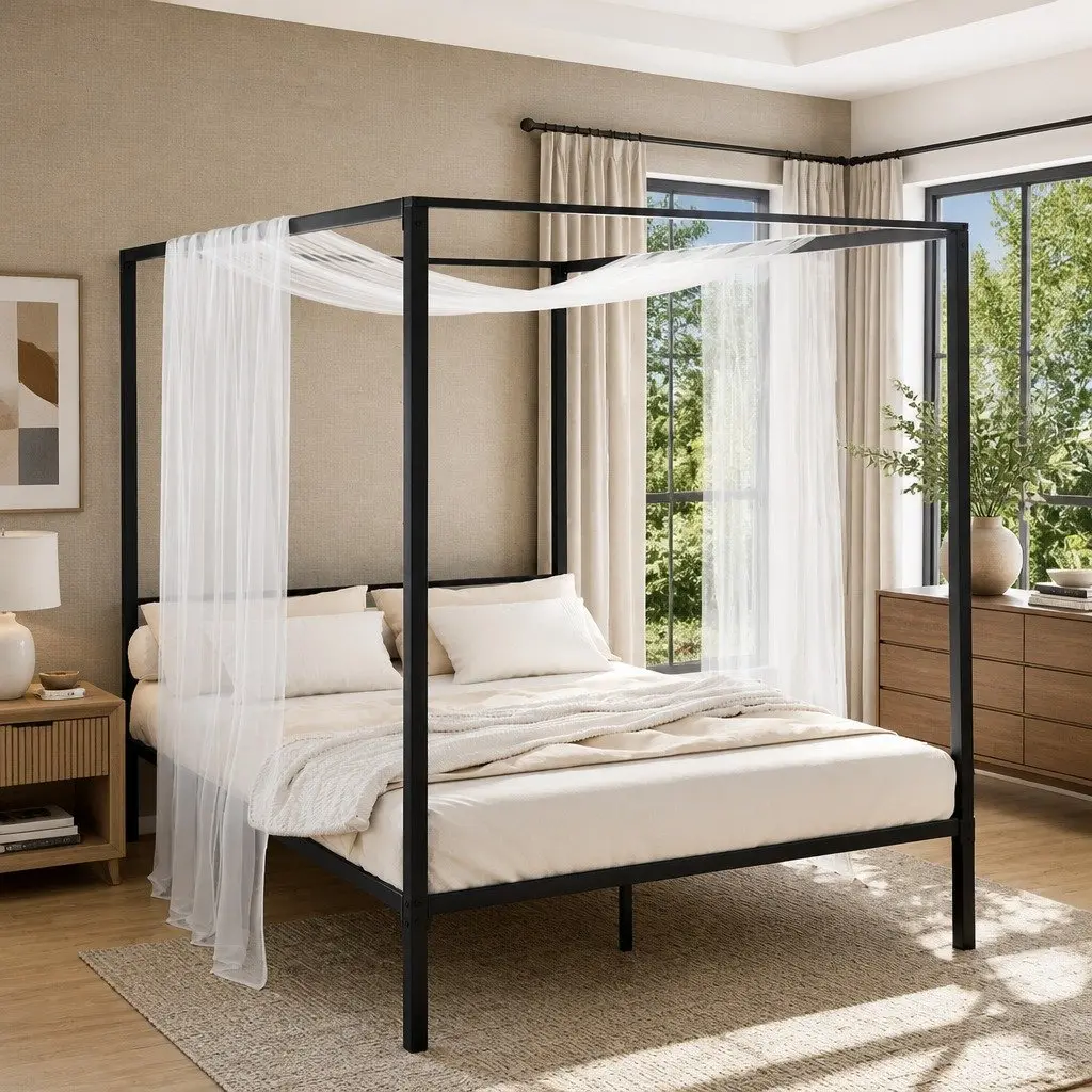 Black Steel Double Size Canopy Bed Frame
