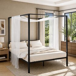 Sturdy Black Steel Double Size Canopy Bed Frame