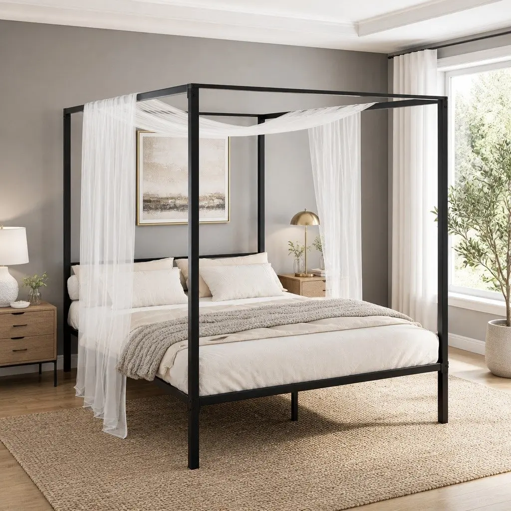 Black Steel Four-Poster Canopy Queen Bed Frame