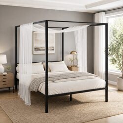 Black Steel Four-Poster Canopy Queen Bed Frame