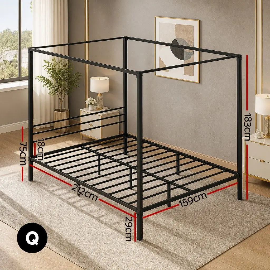 Black Steel Four-Poster Canopy Queen Bed Frame
