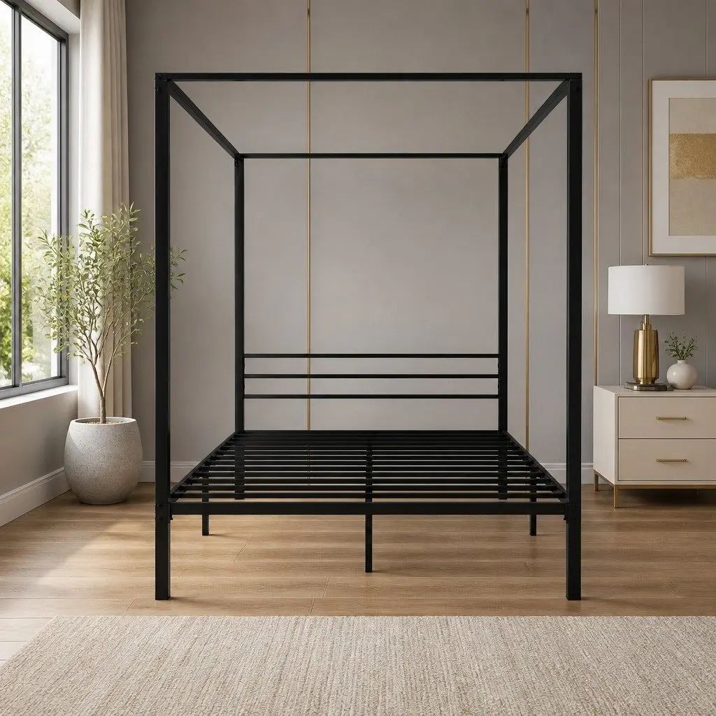 Black Steel Four-Poster Canopy Queen Bed Frame