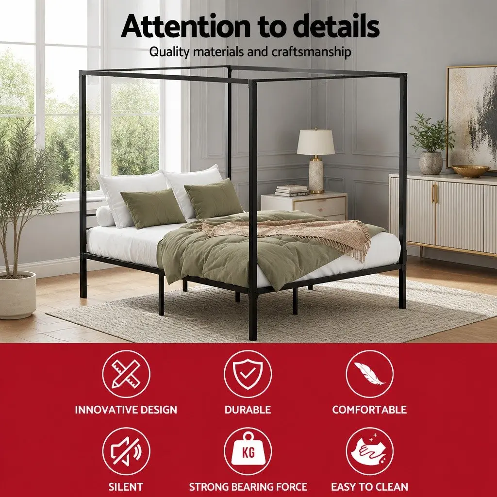 Black Steel Four-Poster Canopy Queen Bed Frame