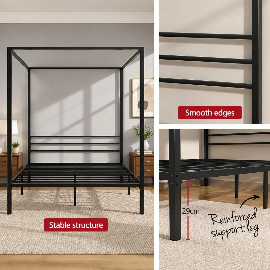 Black Steel Four-Poster Canopy Queen Bed Frame
