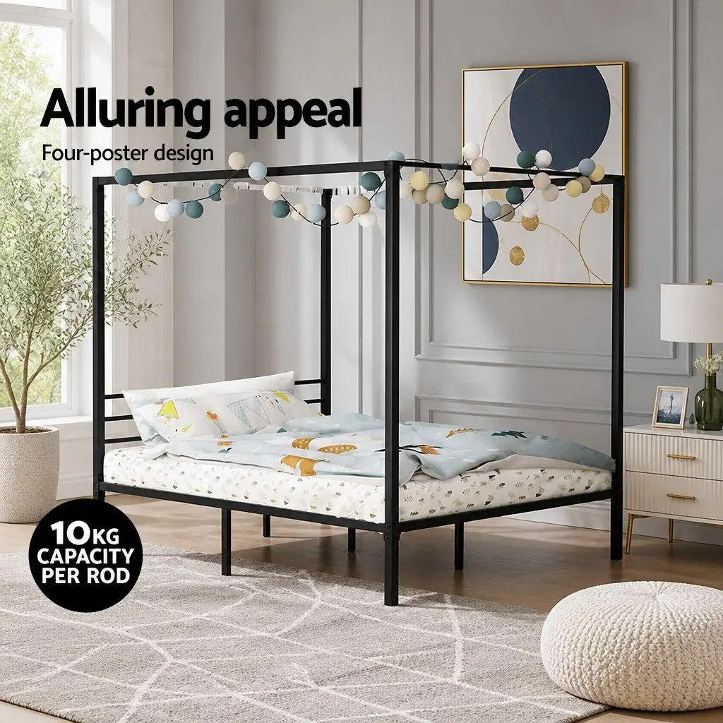 Black Steel Four-Poster Canopy Queen Bed Frame