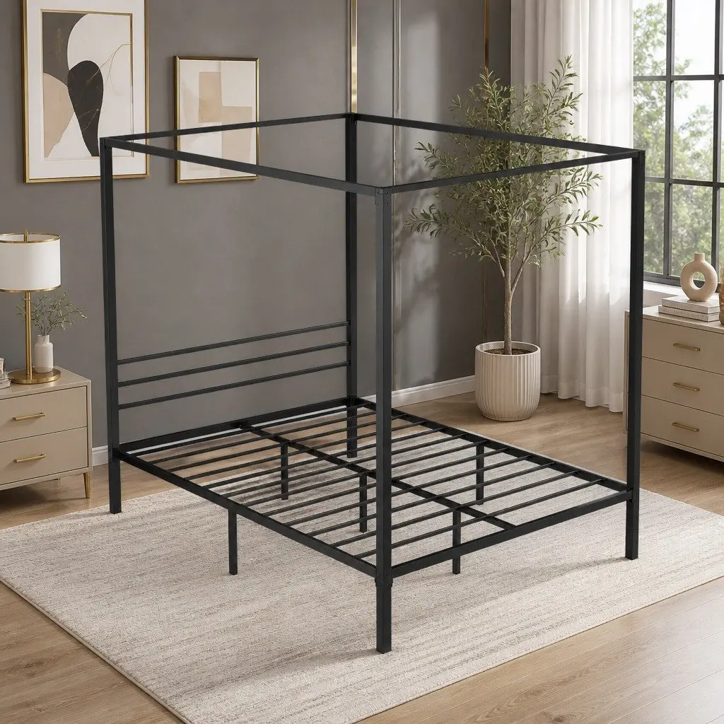 Black Steel Four-Poster Canopy Queen Bed Frame