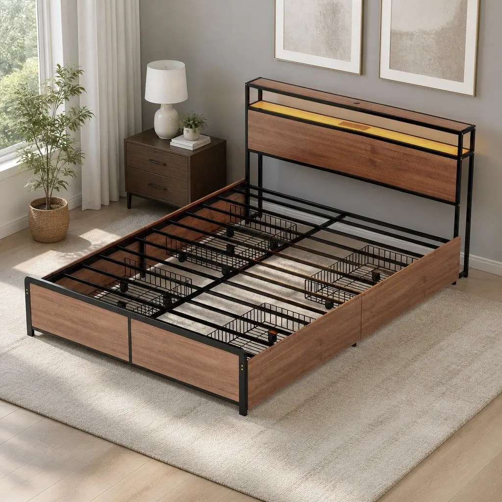 Double Bed Frame Metal Black with LED Headboard USB Charging and 4 Storage Drawers