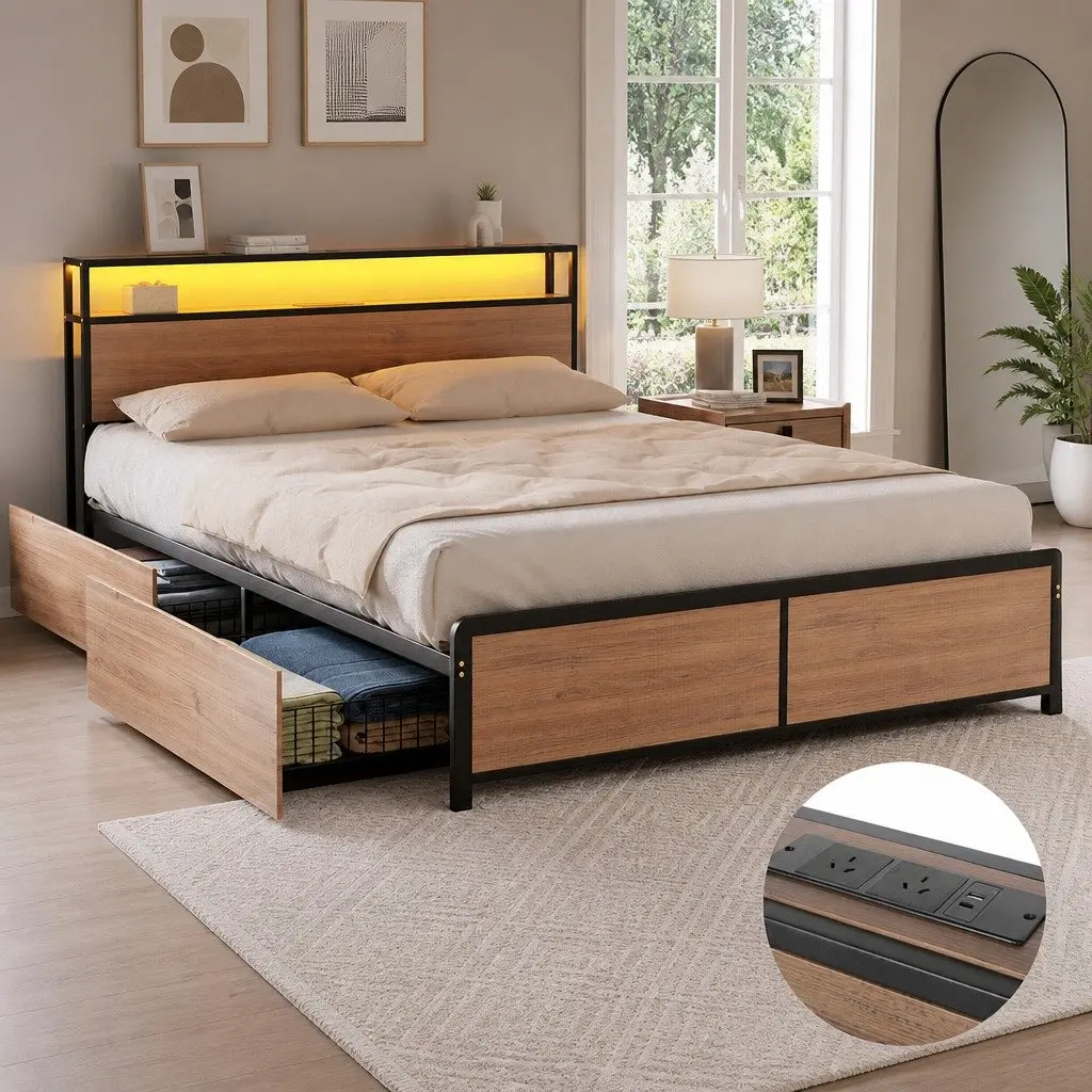 Double Bed Frame Metal Black with LED Headboard USB Charging and 4 Storage Drawers