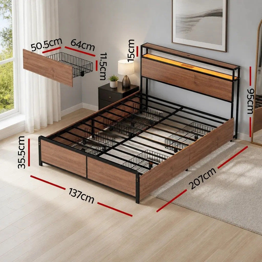 Double Bed Frame Metal Black with LED Headboard USB Charging and 4 Storage Drawers
