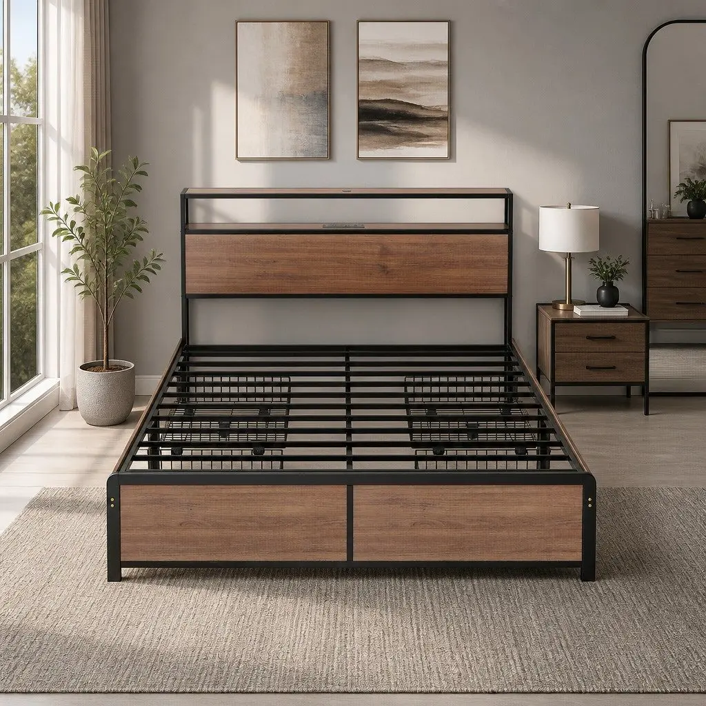 Double Bed Frame Metal Black with LED Headboard USB Charging and 4 Storage Drawers