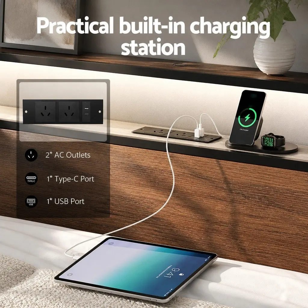 Double Bed Frame Metal Black with LED Headboard USB Charging and 4 Storage Drawers