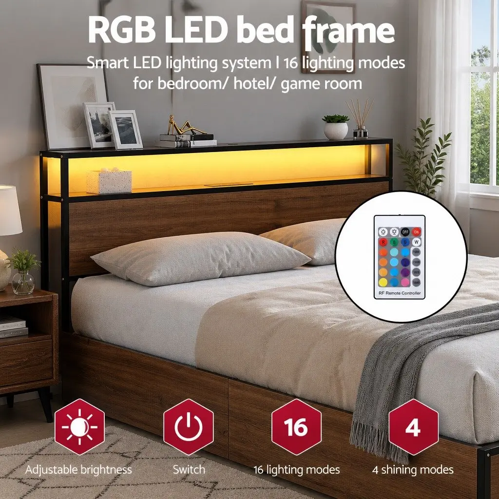 Double Bed Frame Metal Black with LED Headboard USB Charging and 4 Storage Drawers