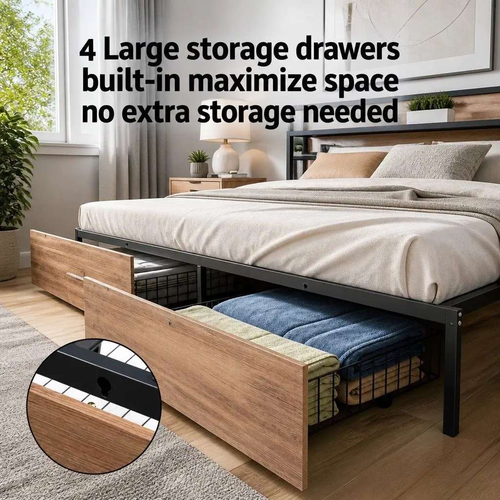 Double Bed Frame Metal Black with LED Headboard USB Charging and 4 Storage Drawers