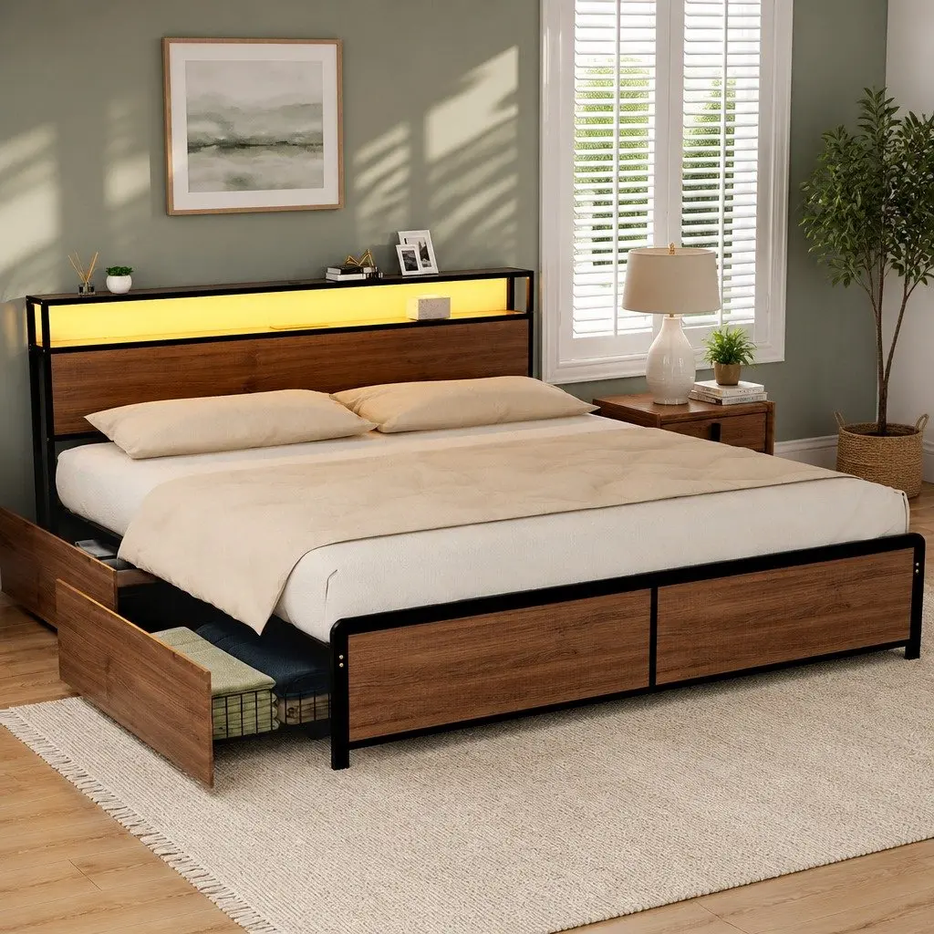 King Size Metal Bed Frame with Storage and Charging