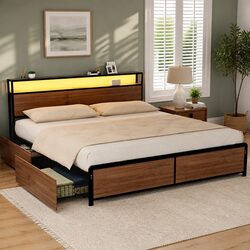 King Size Metal Bed Frame with Storage Headboard 4 Drawers LED Charging Station