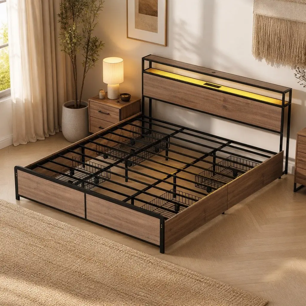King Size Metal Bed Frame with Storage and Charging