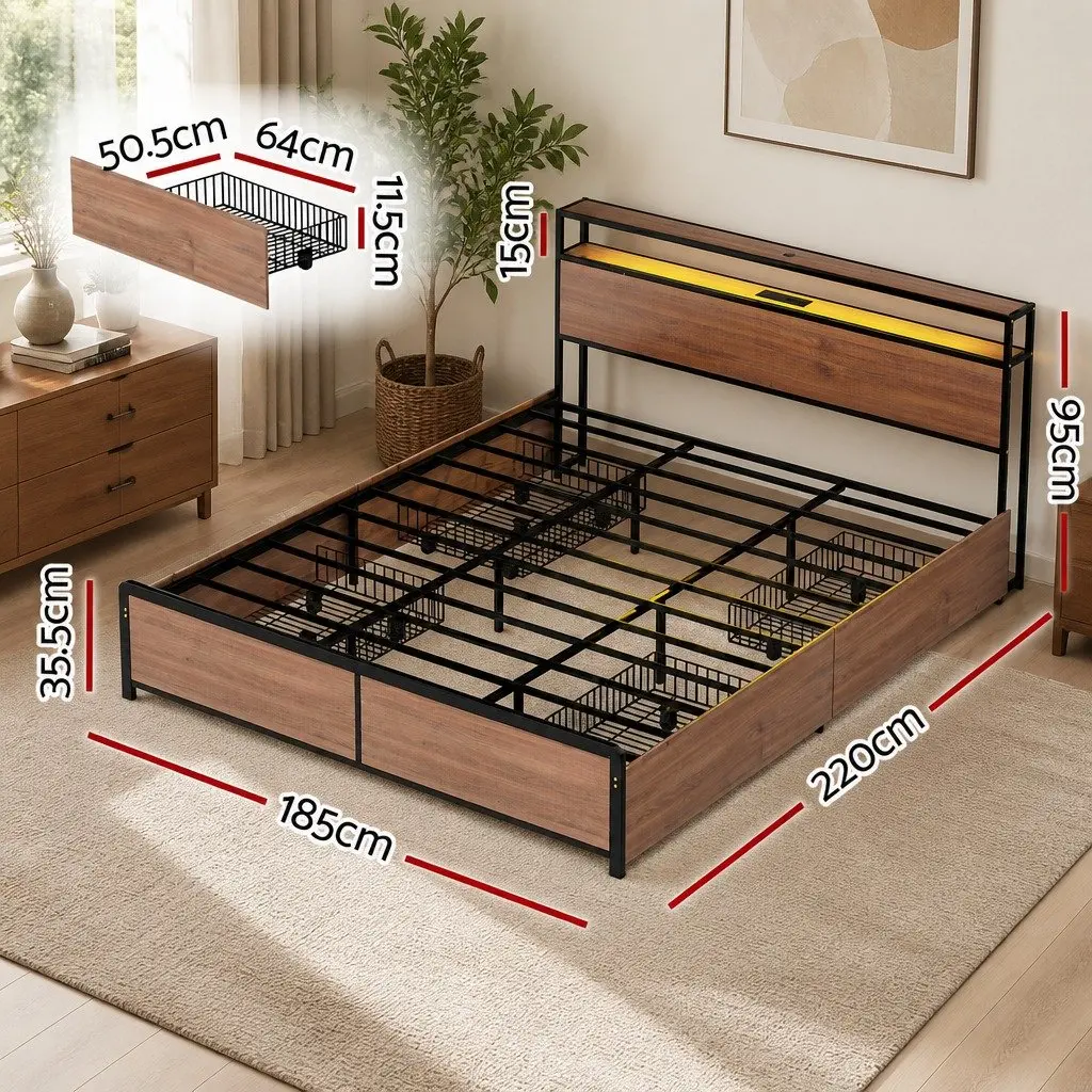 King Size Metal Bed Frame with Storage and Charging