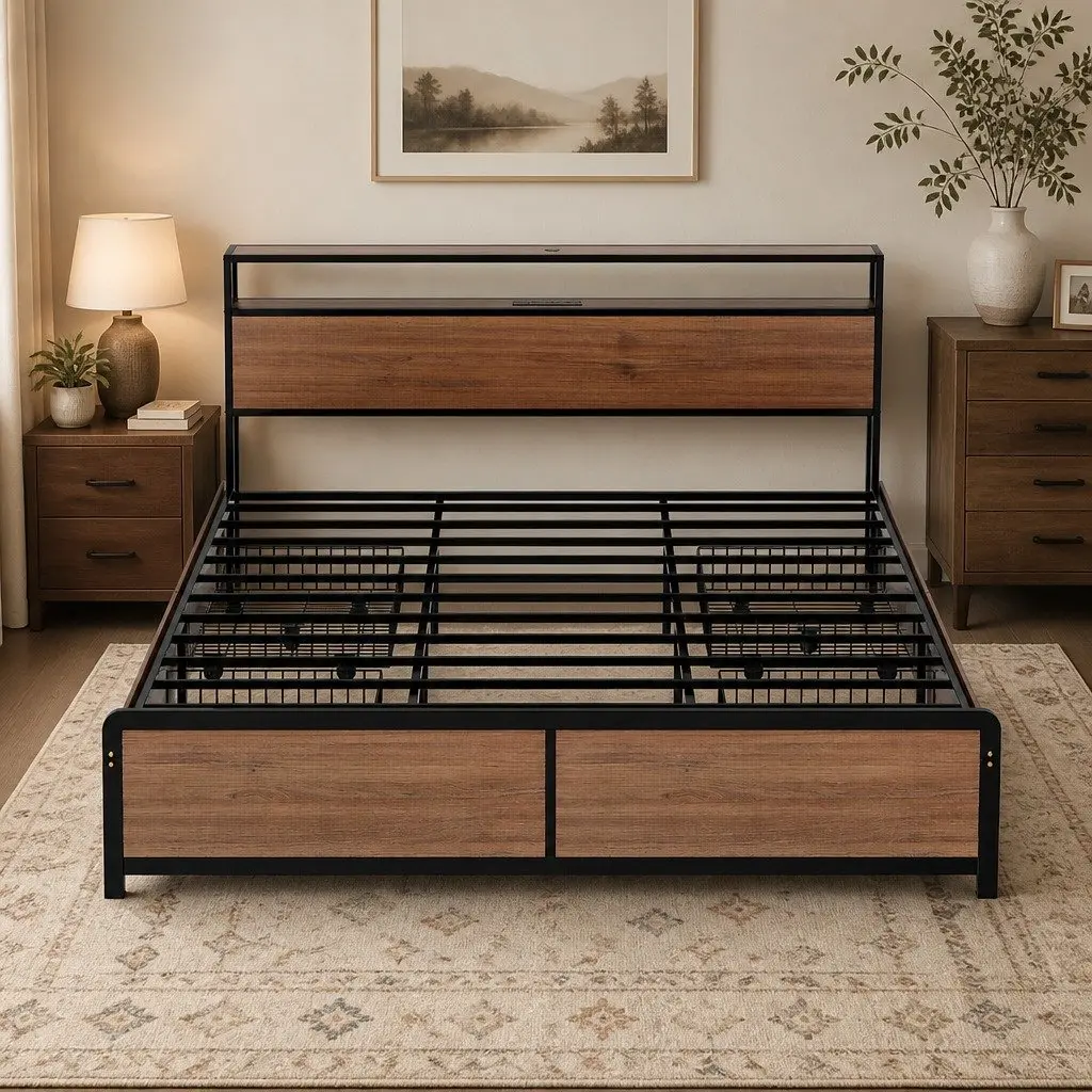 King Size Metal Bed Frame with Storage and Charging