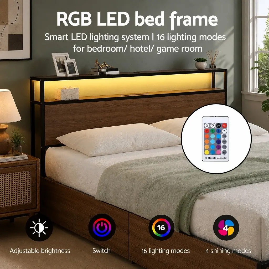 King Size Metal Bed Frame with Storage and Charging