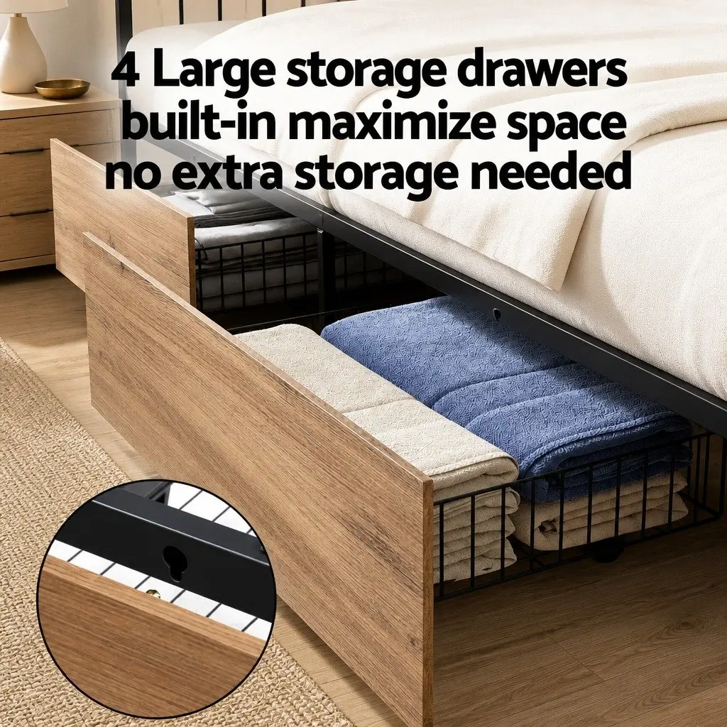 King Size Metal Bed Frame with Storage and Charging