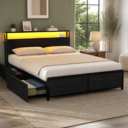 Sturdy Queen Size Metal Bed Frame with LED Headboard