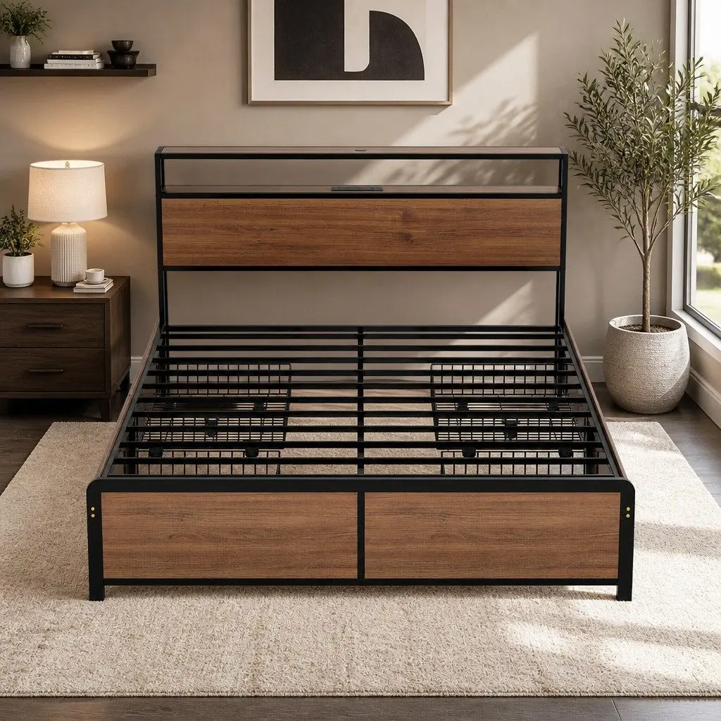Queen Size Metal Bed Frame with LED Storage Headboard