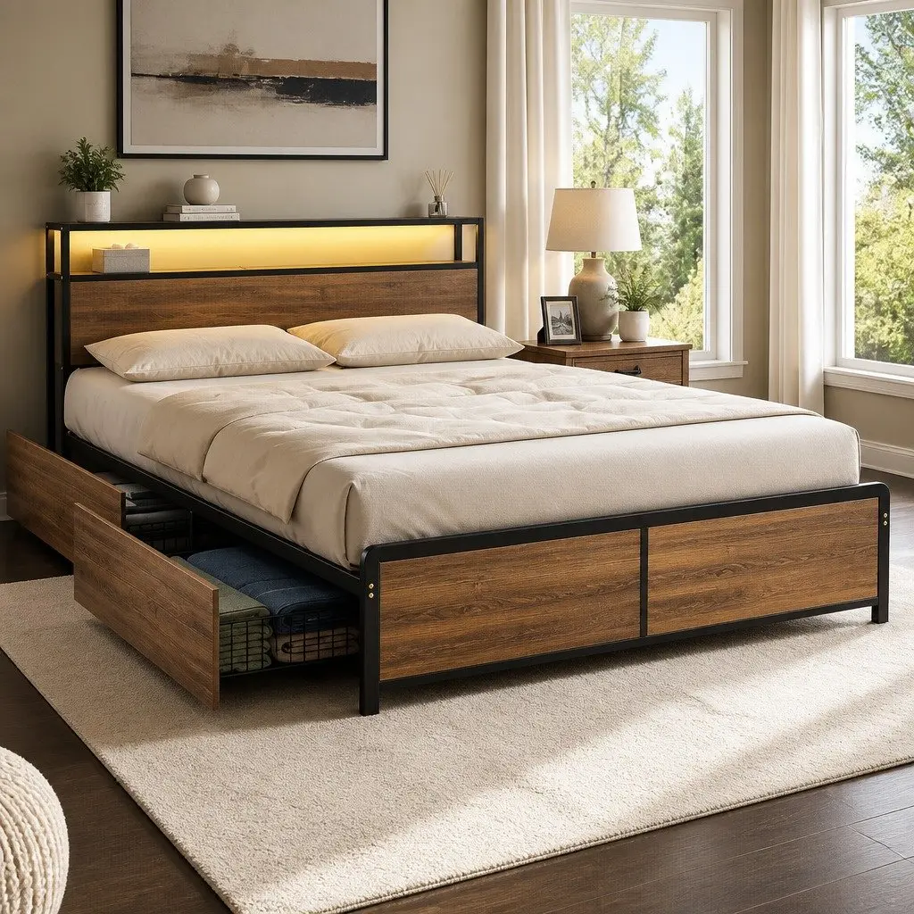 Queen Size Metal Bed Frame with LED Storage Headboard