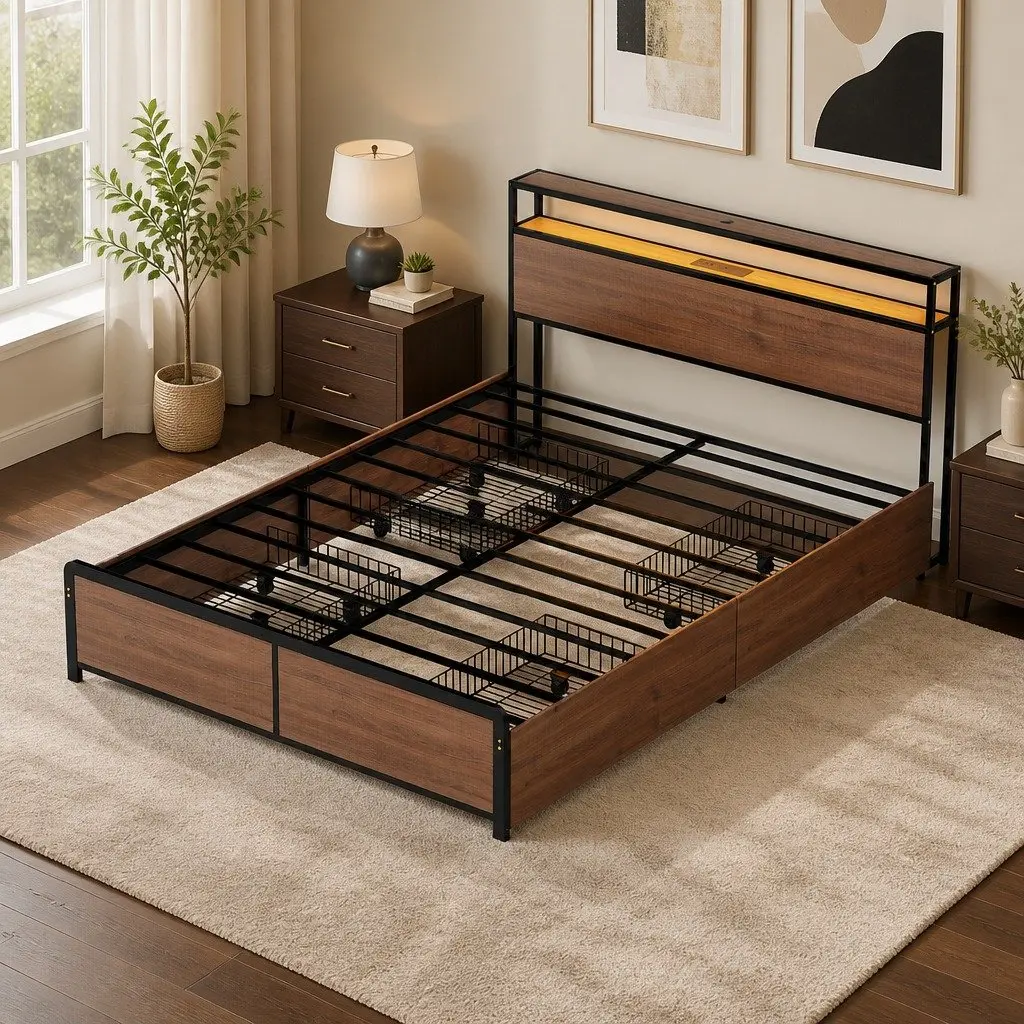Queen Size Metal Bed Frame with LED Storage Headboard
