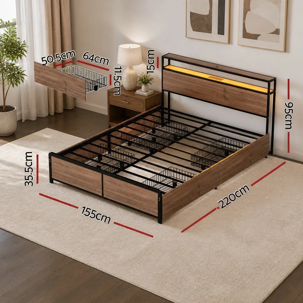 Queen Size Metal Bed Frame with LED Storage Headboard