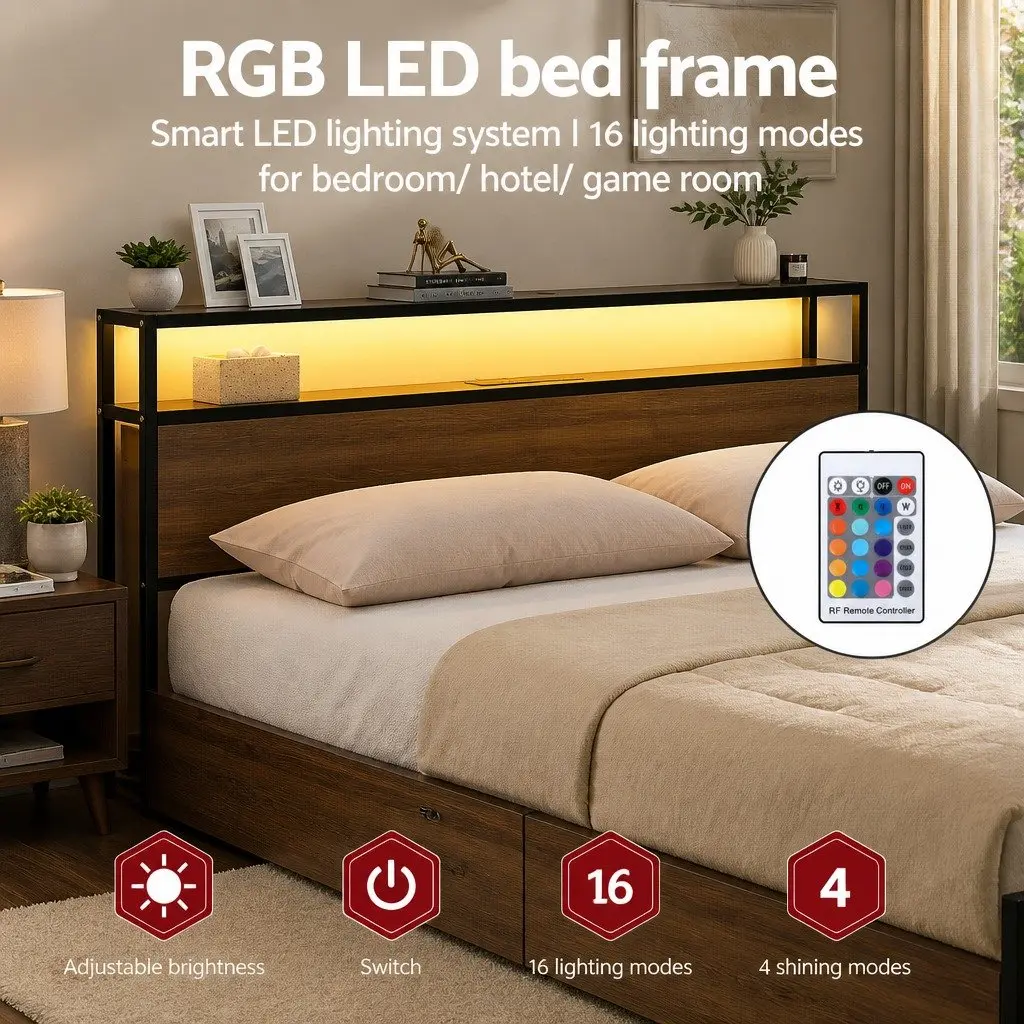 Queen Size Metal Bed Frame with LED Storage Headboard