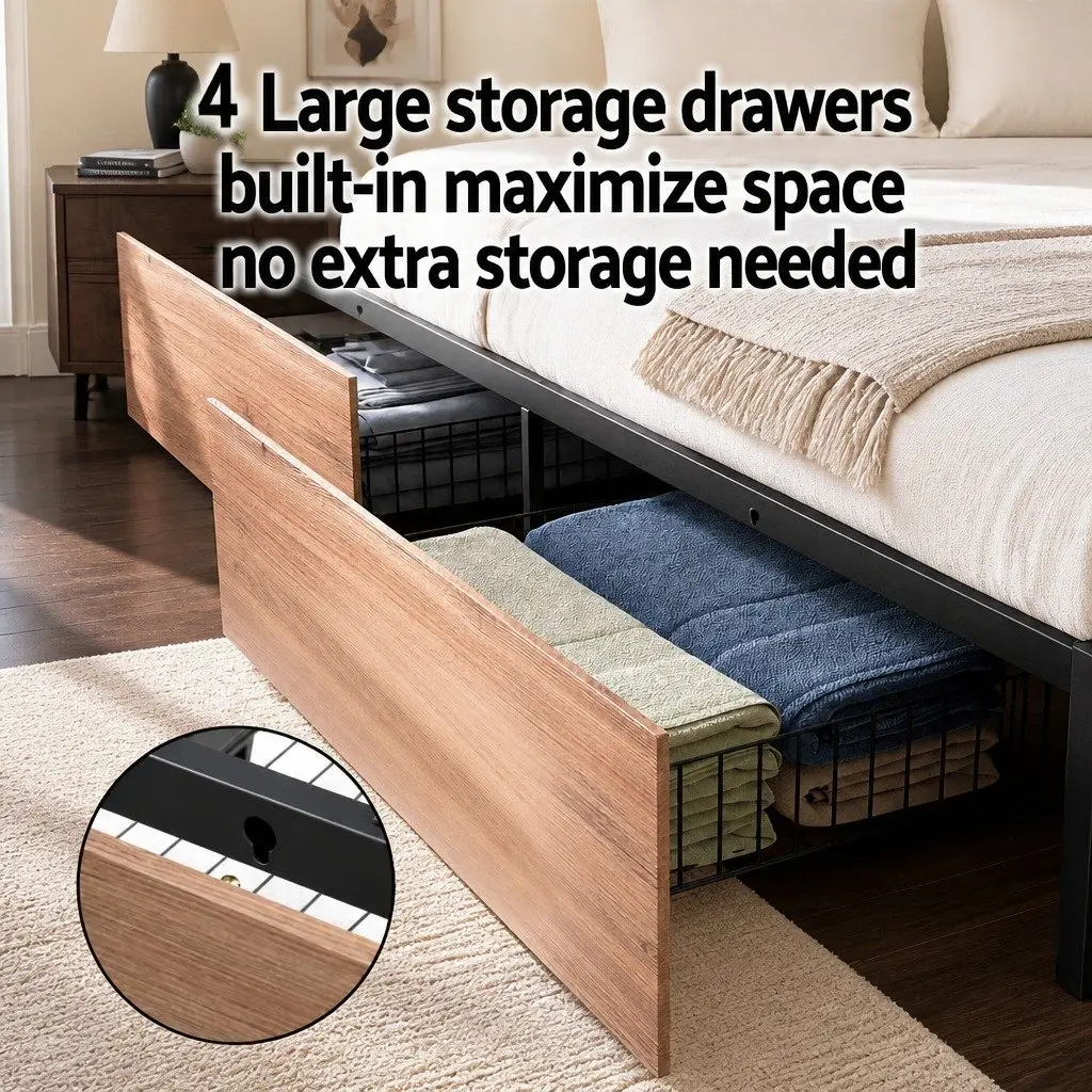 Queen Size Metal Bed Frame with LED Storage Headboard