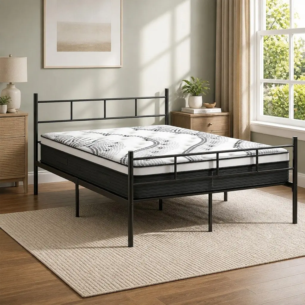 Double Bed Frame Powder-coated Steel 198cm L x 142cm W x 88cm H with 32cm Thick Euro Top Mattress Black White