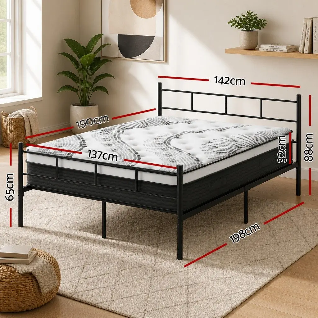 Double Bed Frame Powder-coated Steel 198cm L x 142cm W x 88cm H with 32cm Thick Euro Top Mattress Black White