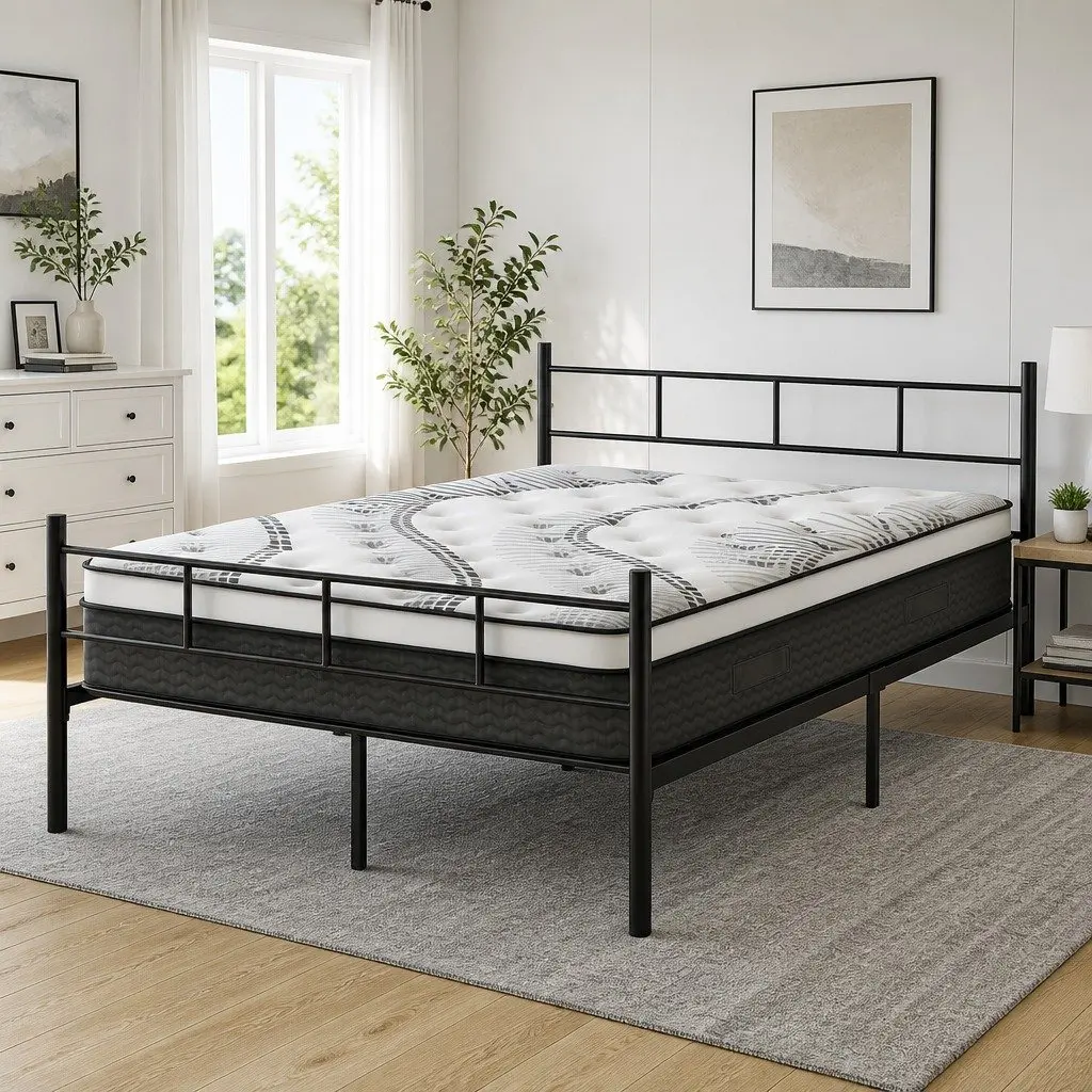 Double Bed Frame Powder-coated Steel 198cm L x 142cm W x 88cm H with 32cm Thick Euro Top Mattress Black White