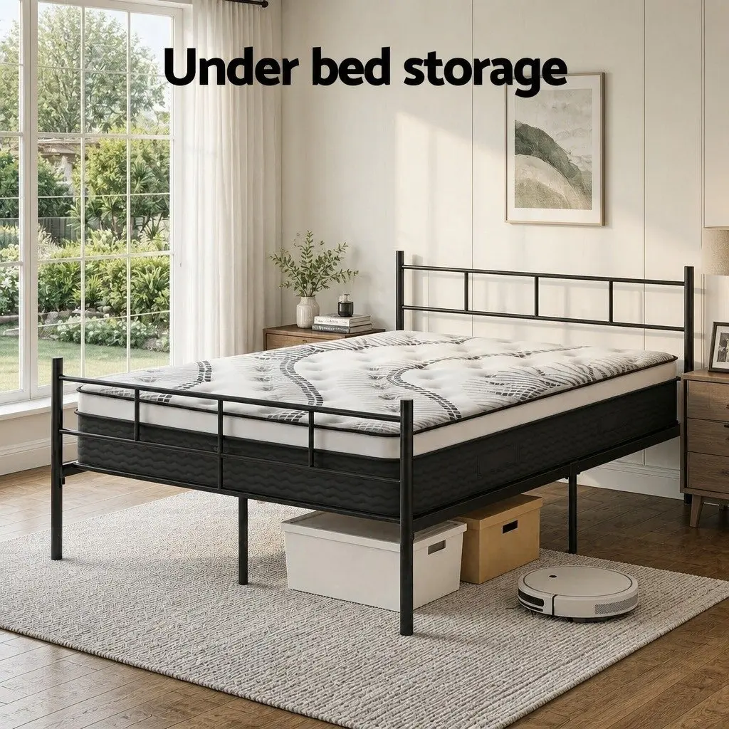 Double Bed Frame Powder-coated Steel 198cm L x 142cm W x 88cm H with 32cm Thick Euro Top Mattress Black White