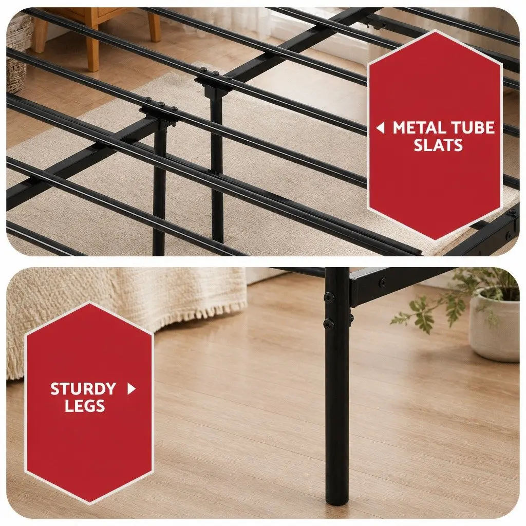 Double Bed Frame Powder-coated Steel 198cm L x 142cm W x 88cm H with 32cm Thick Euro Top Mattress Black White