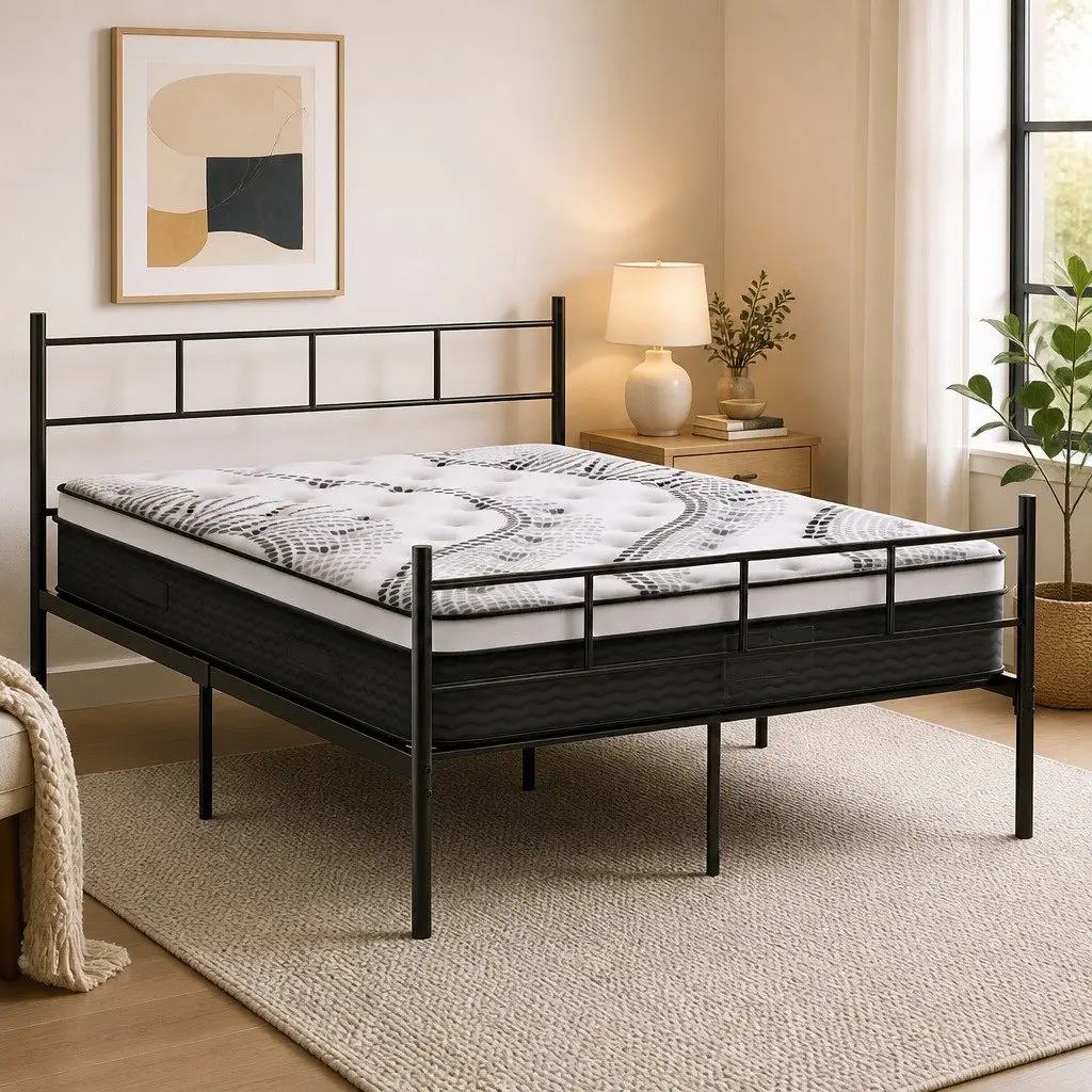 Double Bed Frame Powder-coated Steel 198cm L x 142cm W x 88cm H with 32cm Thick Euro Top Mattress Black White