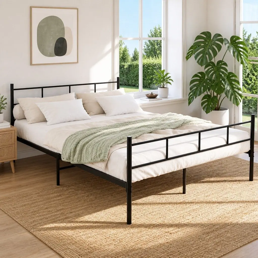 Queen Metal Bed Frame with Storage in Black