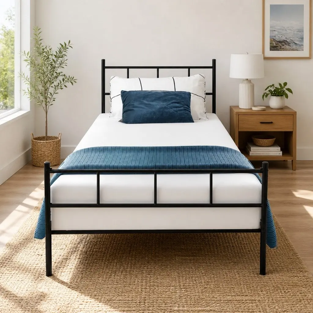 Single Metal Bed Frame Black Steel Construction Bedroom Furniture Storage Space