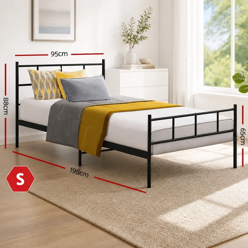 Single Metal Bed Frame Black Steel Construction Bedroom Furniture Storage Space