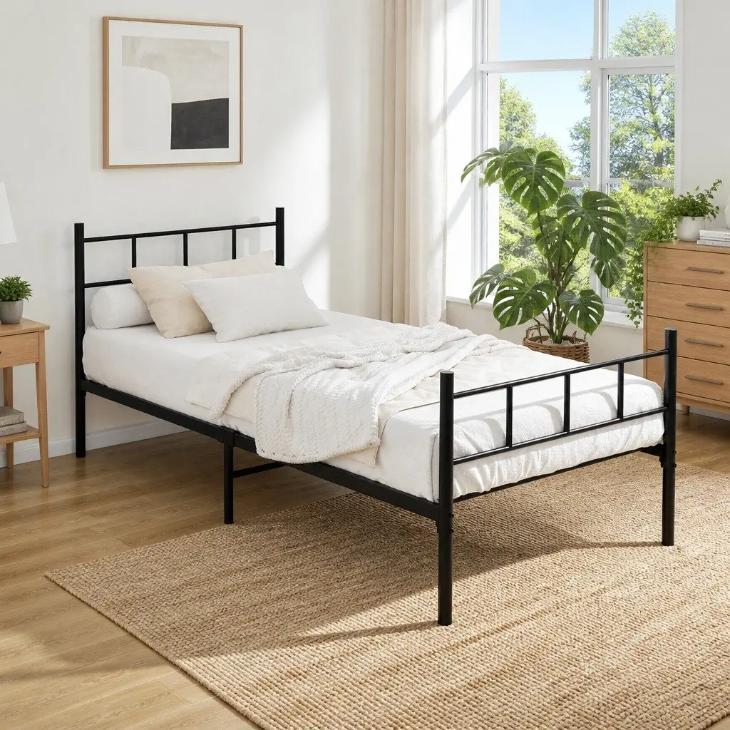 Single Metal Bed Frame Black Steel Construction Bedroom Furniture Storage Space