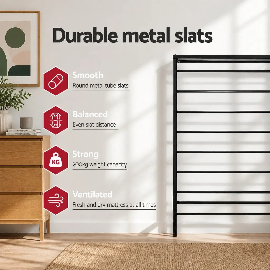 Single Metal Bed Frame Black Steel Construction Bedroom Furniture Storage Space
