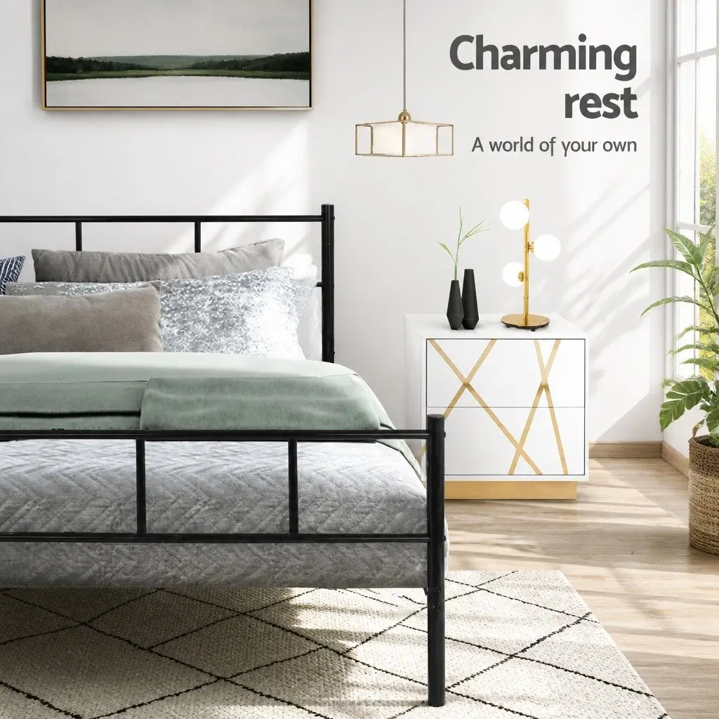 Single Metal Bed Frame Black Steel Construction Bedroom Furniture Storage Space