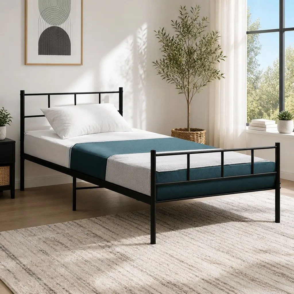 Single Metal Bed Frame Black Steel Construction Bedroom Furniture Storage Space