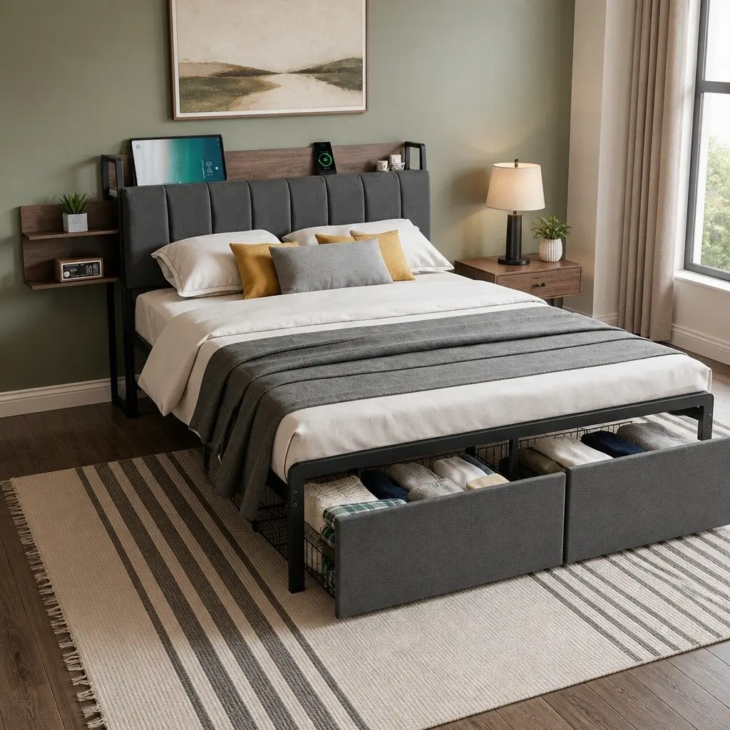 Metal Bed Frame for Double Size with Hidden Storage