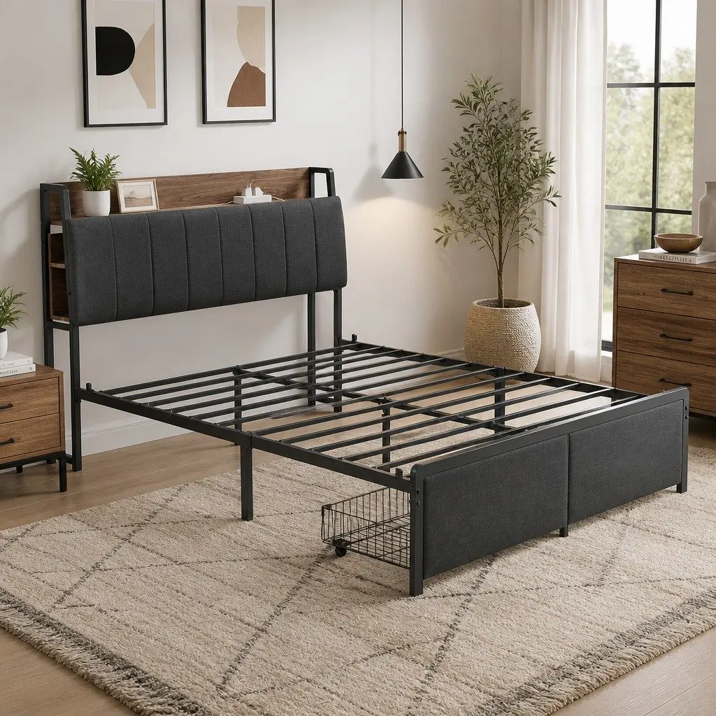 Metal Bed Frame for Double Size with Hidden Storage