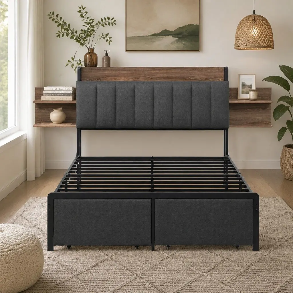Metal Bed Frame for Double Size with Hidden Storage